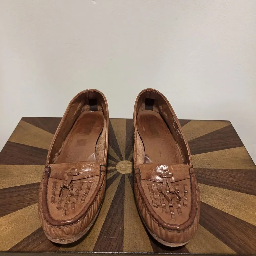 True Vintage Dexter USA Leather Loafers Moccasin US 7.5 Woven Brown 70s 80s Boho